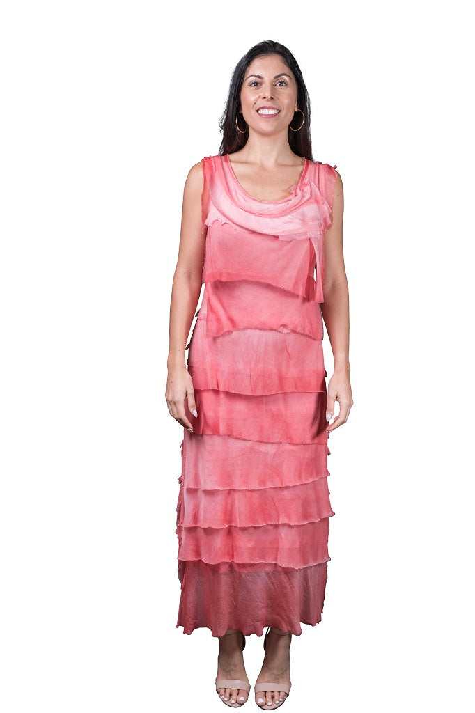 DT215-815 Brushed Coral Aleena Silk Maxi Ruffle Dress