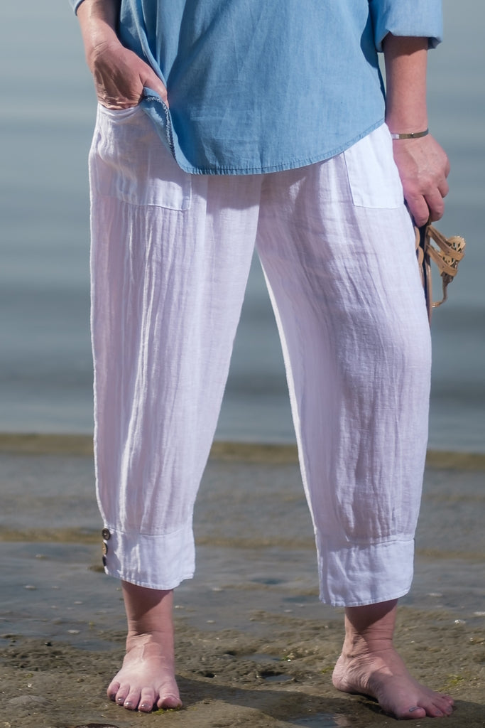 PL157-100 White Delaney Cuff Linen Pant