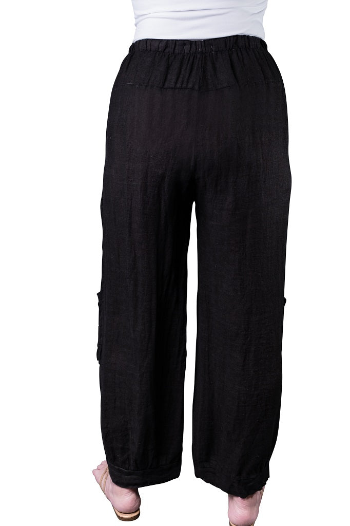 PL171-001 Black Mary Dbl Pocket Linen Pant w/ Buttons