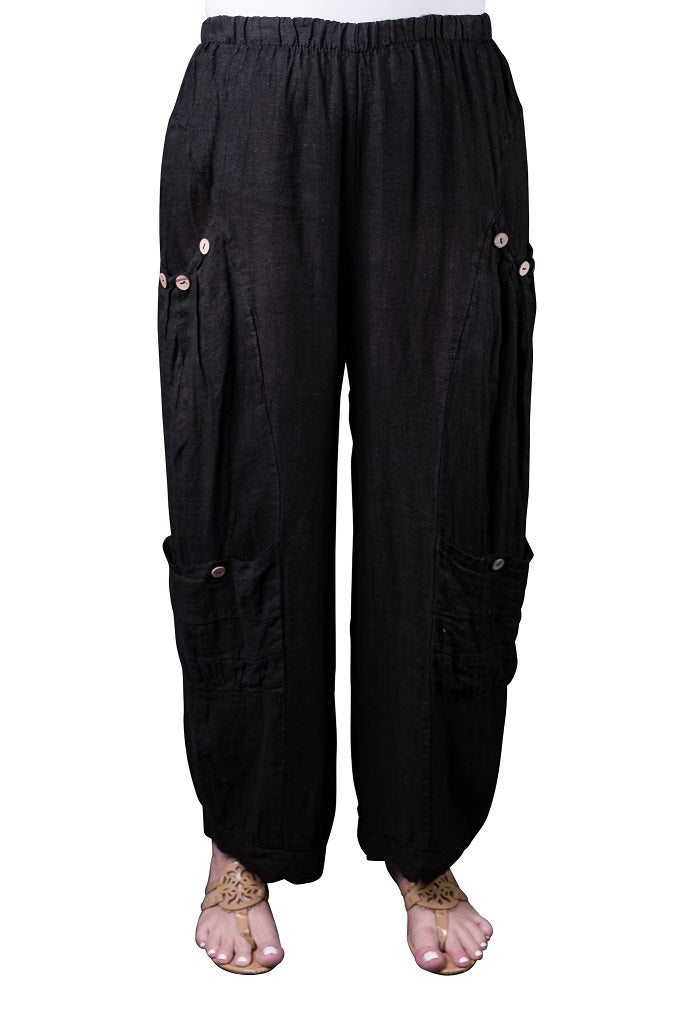PL171-001 Black Mary Dbl Pocket Linen Pant w/ Buttons