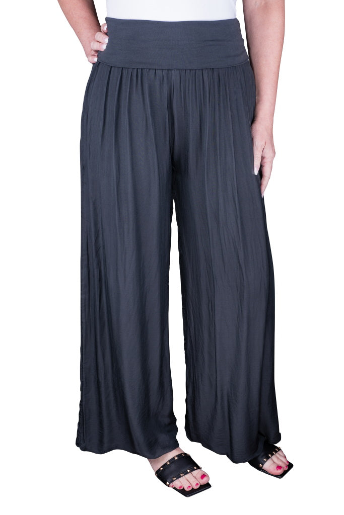 PL203-010 Charcoal Mercedes Silk Pant with Foldover Waist