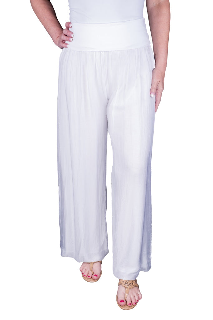 PL203-100 White Mercedes Silk Pant with Foldover Waist