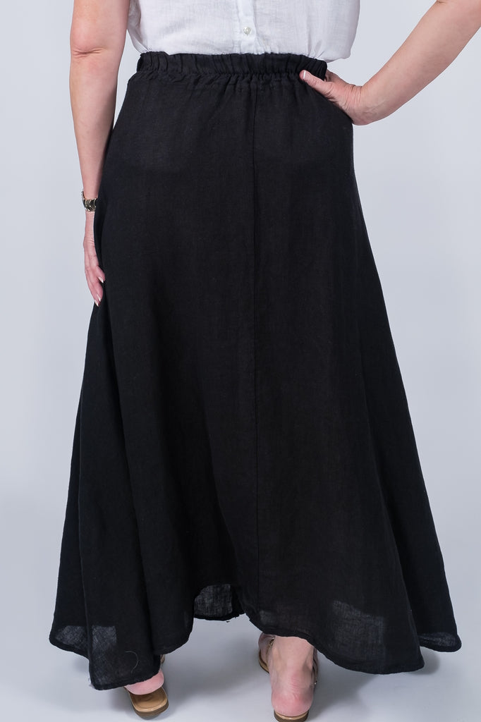 SL108-001 Black Rosalyn Linen Button Flair Skirt