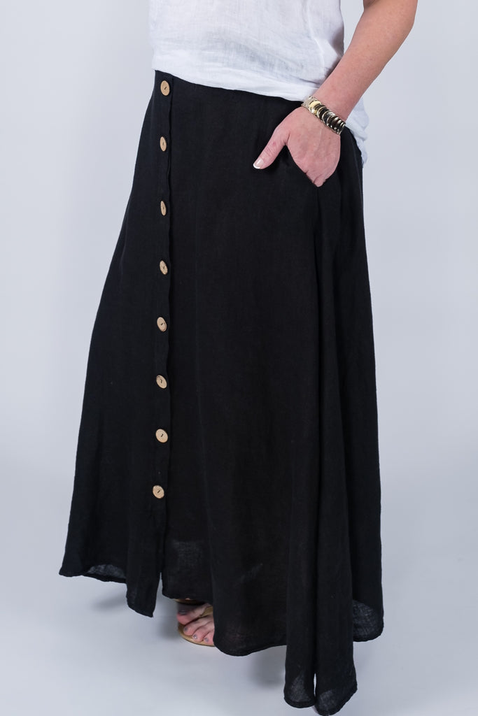 SL108-001 Black Rosalyn Linen Button Flair Skirt