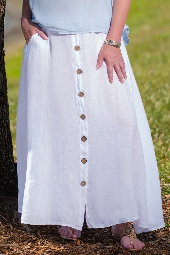 SL108-100 White Rosalyn Linen Button Flair Skirt