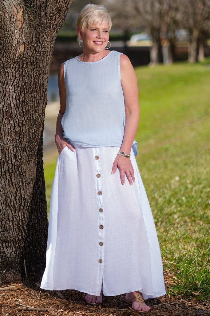 SL108-100 White Rosalyn Linen Button Flair Skirt