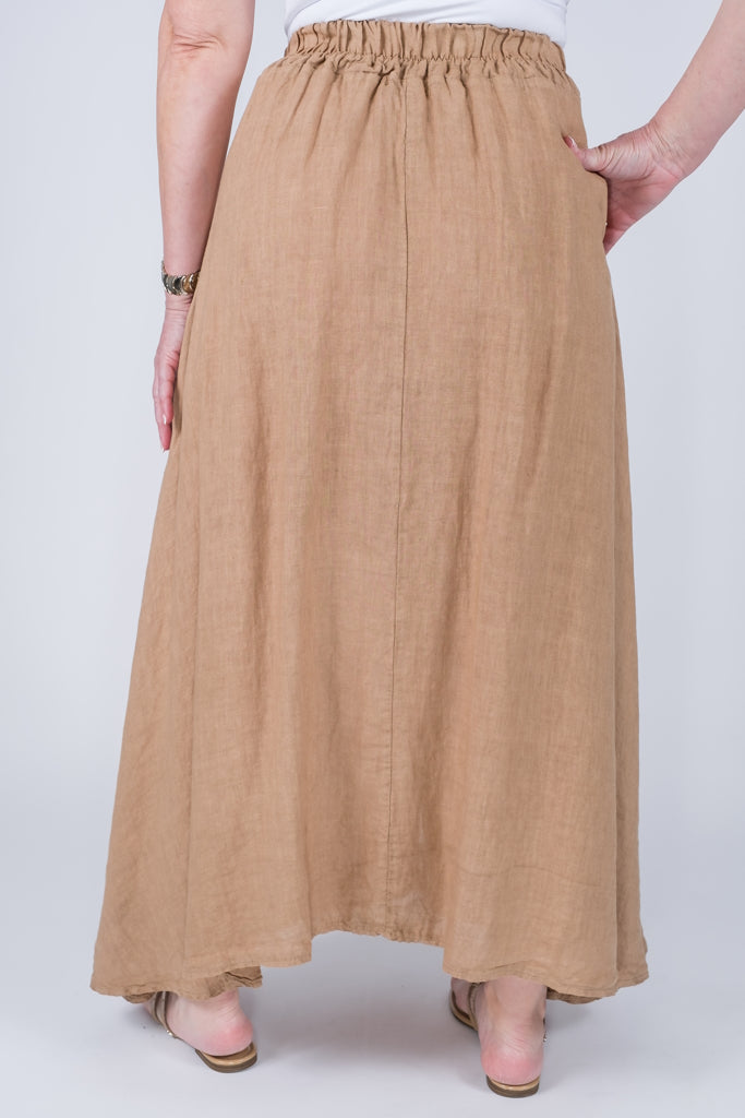 SL108-258 Camel Rosalyn Linen Button Flair Skirt