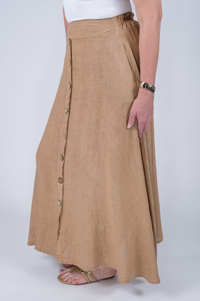 SL108-258 Camel Rosalyn Linen Button Flair Skirt