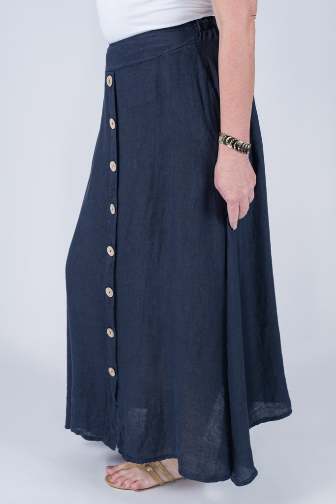 SL108-409 Navy Rosalyn Linen Button Flair Skirt