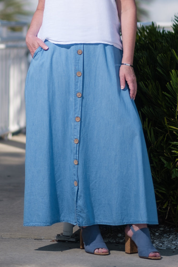 SL108-498 Chambray Rosalyn Linen Button Flair Skirt