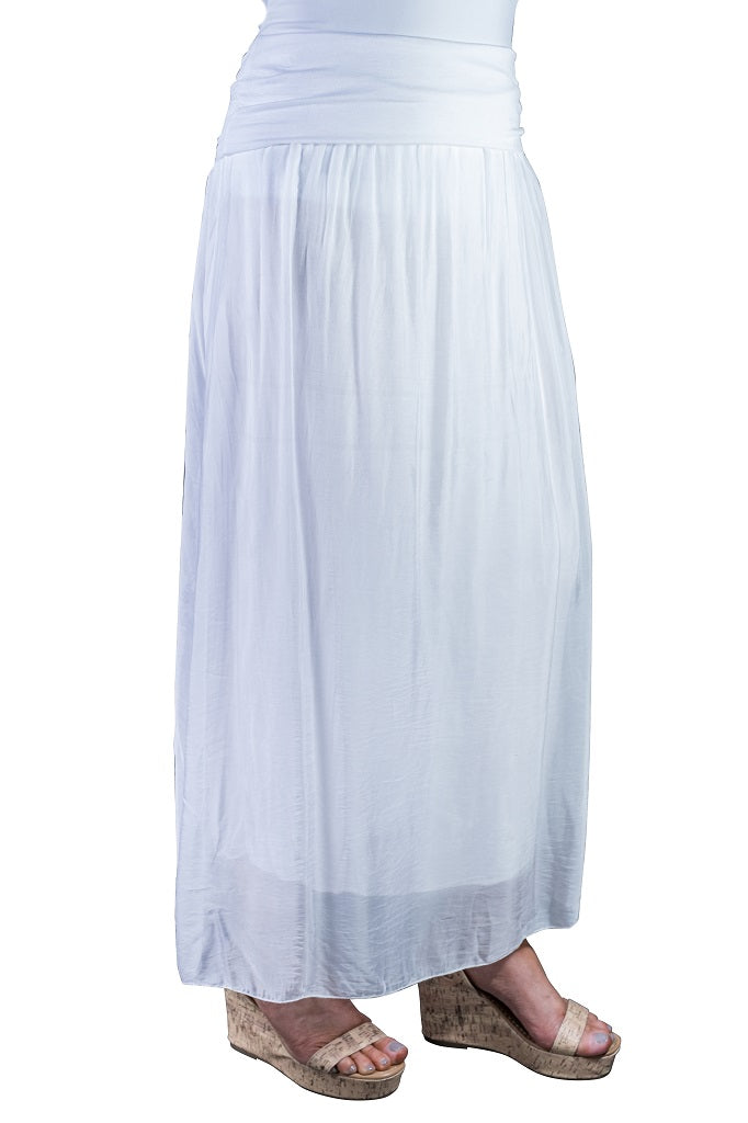 SL204-100 White Brenda Long Silk Foldover Waist Skirt