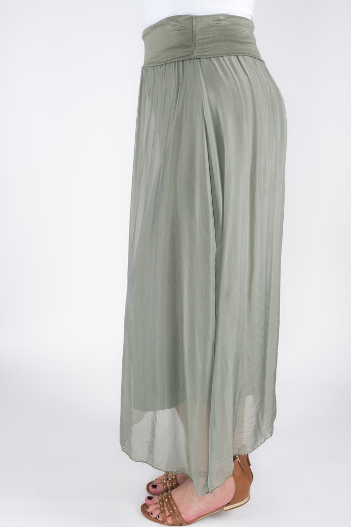 SL204-316 Olive Brenda Long Silk Foldover Waist Skirt