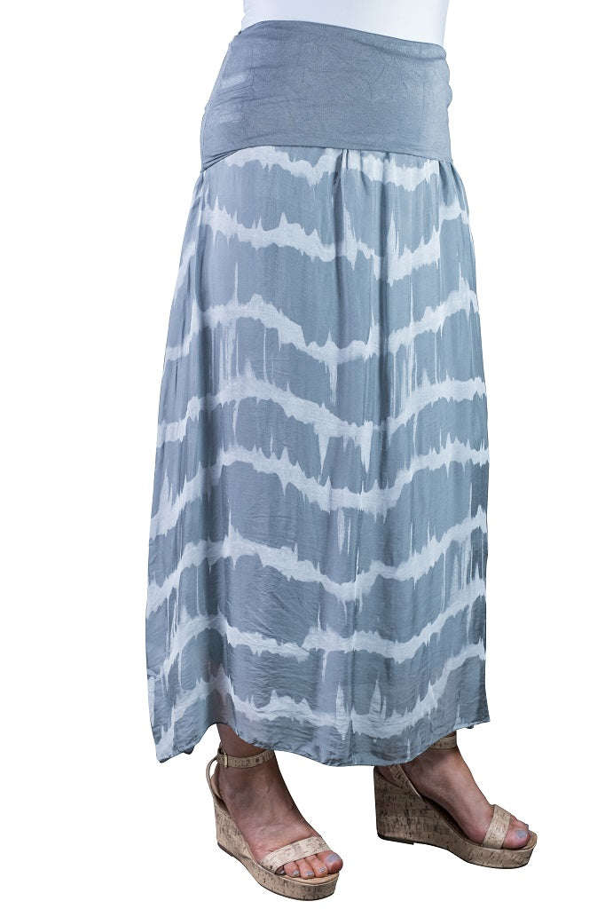 SL204TD-040 Medium Gray Brenda Tie Dye Long Silk Foldover Waist Skirt