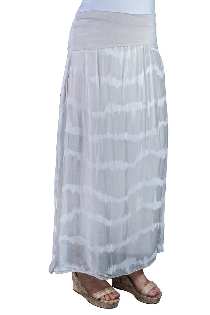 SL204TD-250 Beige Brenda Tie Dye Long Silk Foldover Waist Skirt