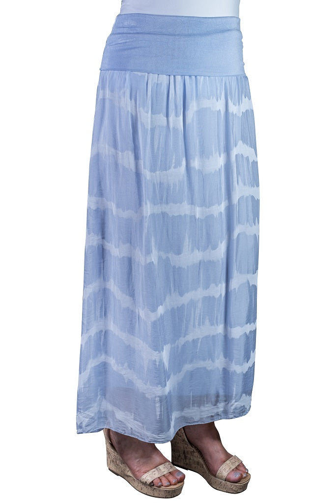 SL204TD-428 Celestial Blue Brenda Tie Dye Long Silk Foldover Waist Skirt
