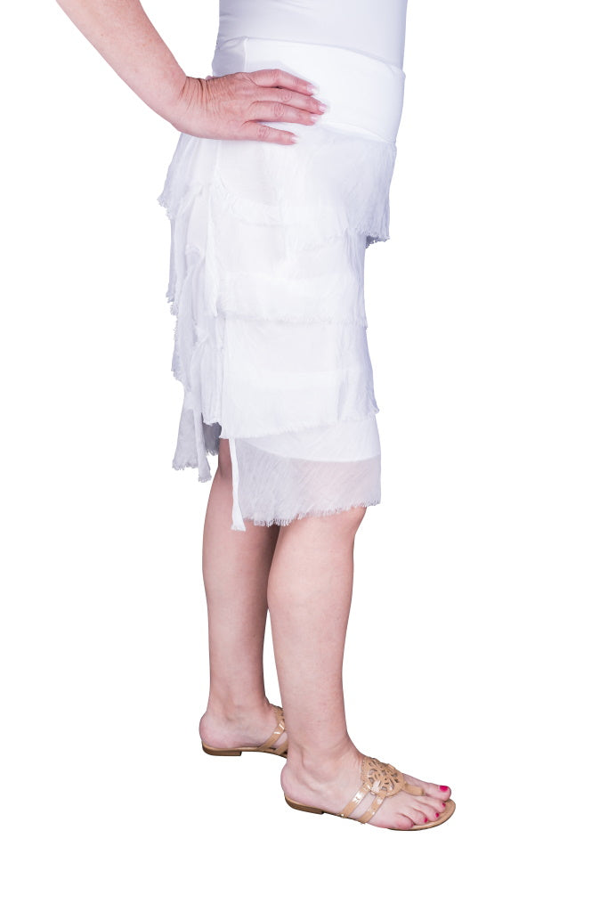 SS203-100 White Marisa Silk Ruffle Skirt