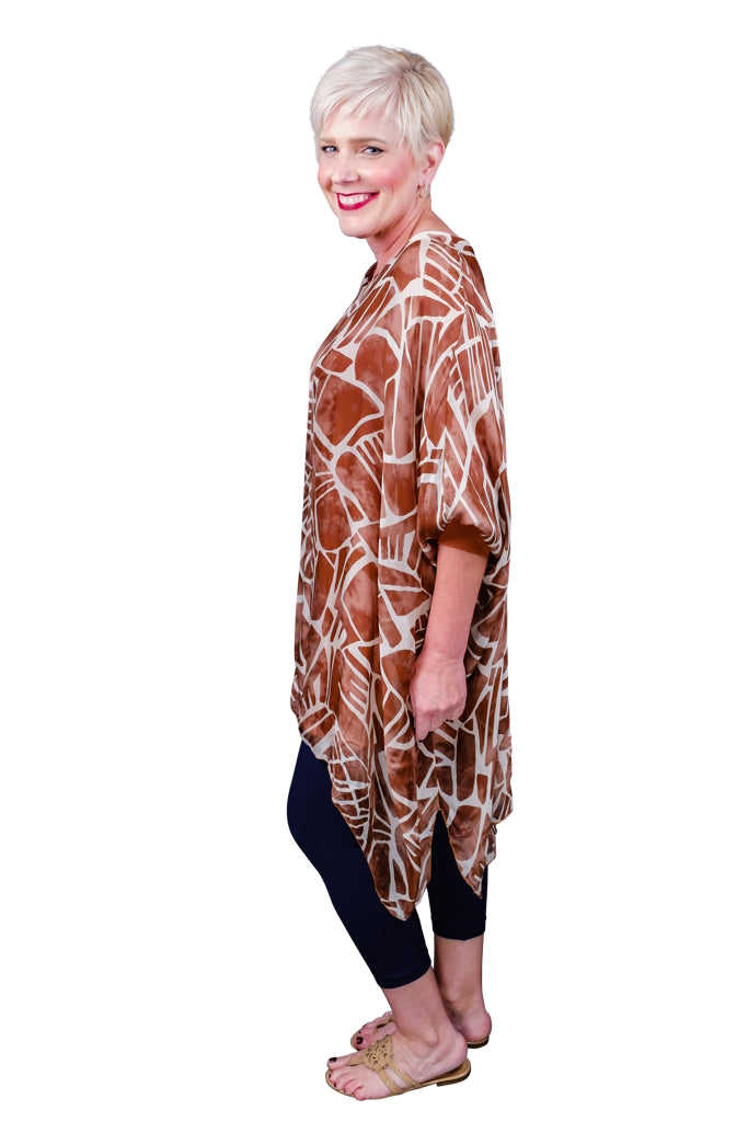 TQ202G-249 Tobacco Geo Print Alessia Silk Kaftan Tunic