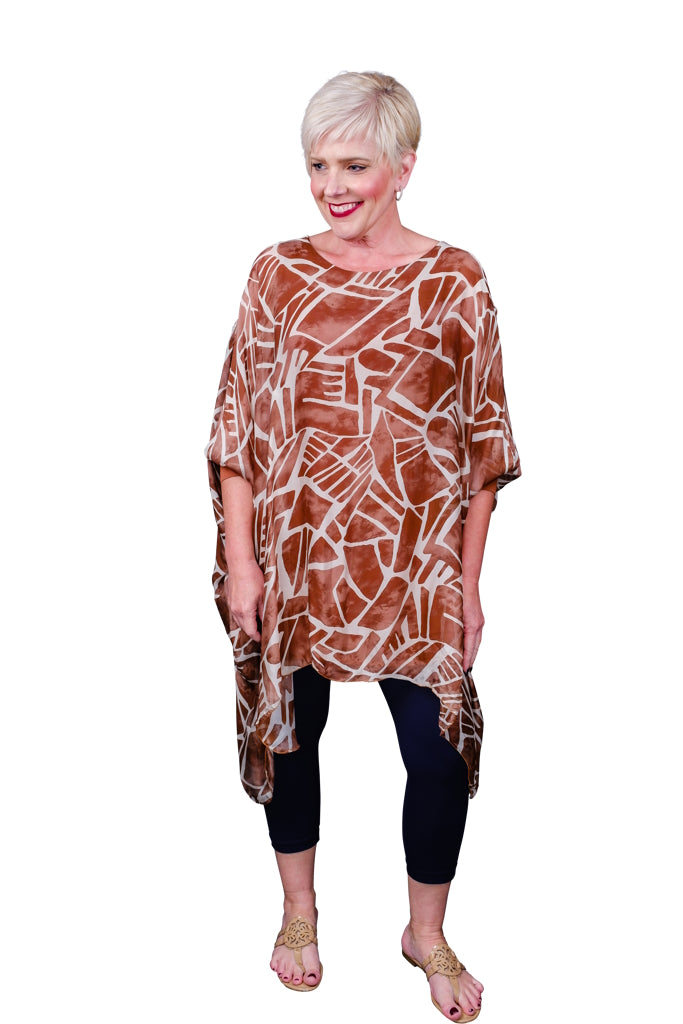 TQ202G-249 Tobacco Geo Print Alessia Silk Kaftan Tunic