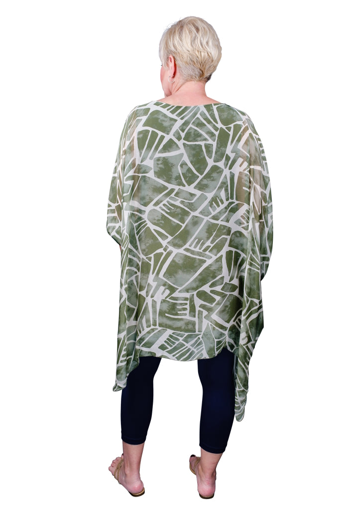 TQ202G-316 Olive Geo Print Alessia Silk Kaftan Tunic