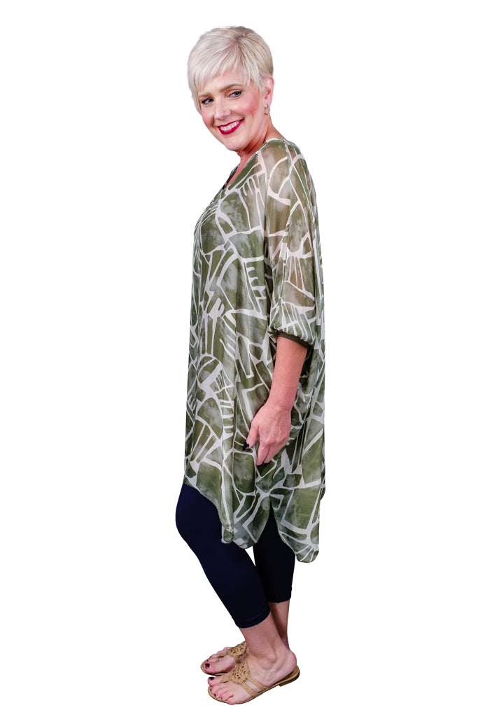 TQ202G-316 Olive Geo Print Alessia Silk Kaftan Tunic