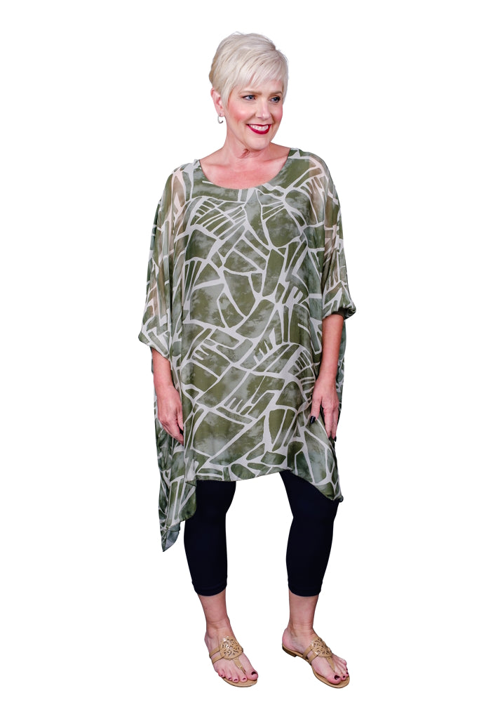 TQ202G-316 Olive Geo Print Alessia Silk Kaftan Tunic